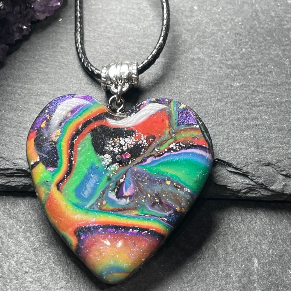 Lisa Frank Inspired Rainbow Galaxy Heart Pendant Necklace Hand Crafted - Picture 4 of 14